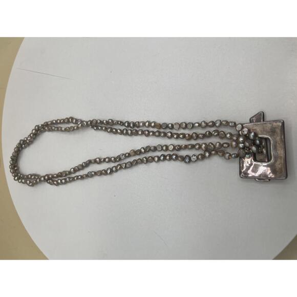 Double Strand Grey Freshwater Pearl Necklace with Modern Sterling Silver Pendant - Picture 6 of 8